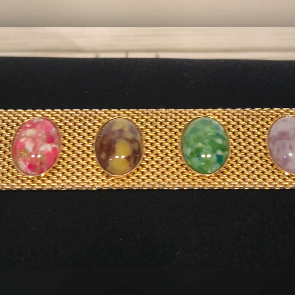 Vintage Sarah Coventry Gold Tone Bracelet Multi Color Cabochon Confetti Panel